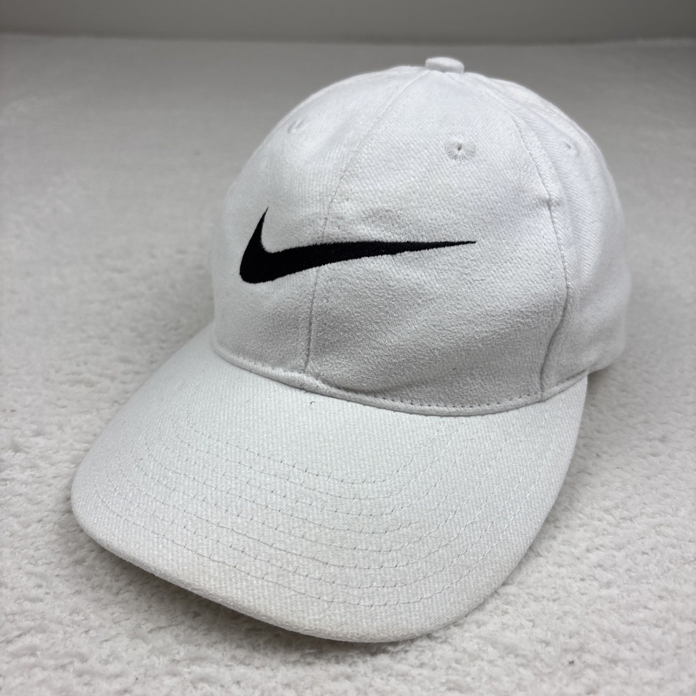 VINTAGE 90s NIKE Center Swoosh Snapback Hat Cap Embroidered Swoosh Snap White